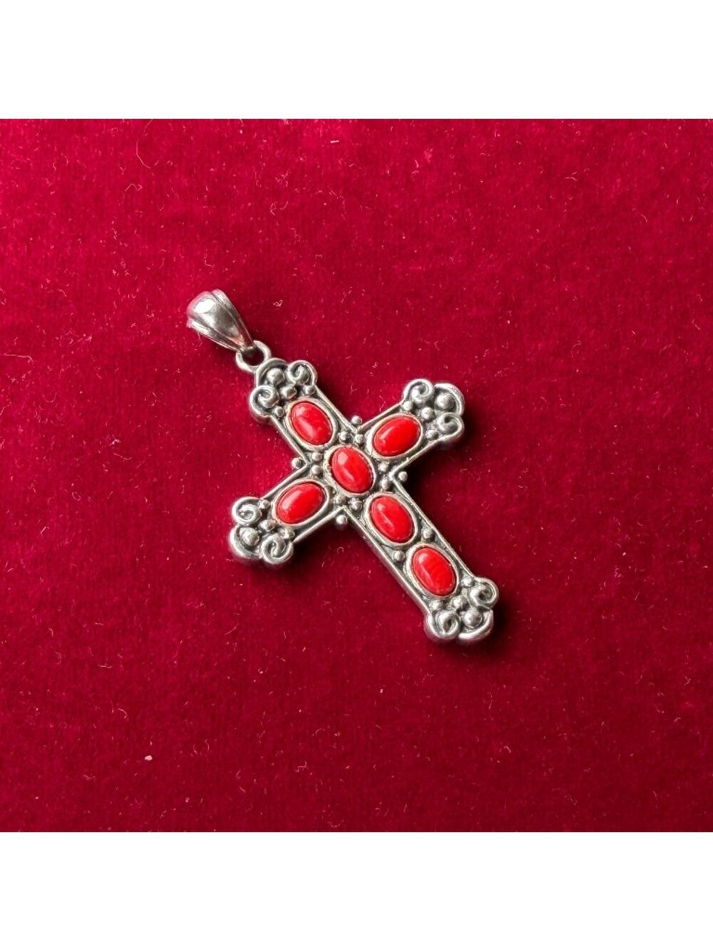 Vintage Gothic Red Coral Cross Pendant 925 Sterling Silver Bali Scroll Religious